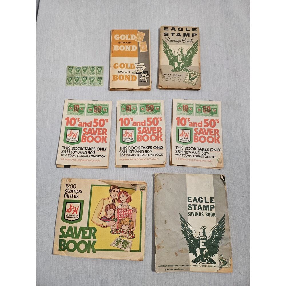 Vintage Saver Book Lot Of 7 Plus Stamps - Eagle, S&H, Gold Bond Stamp Books